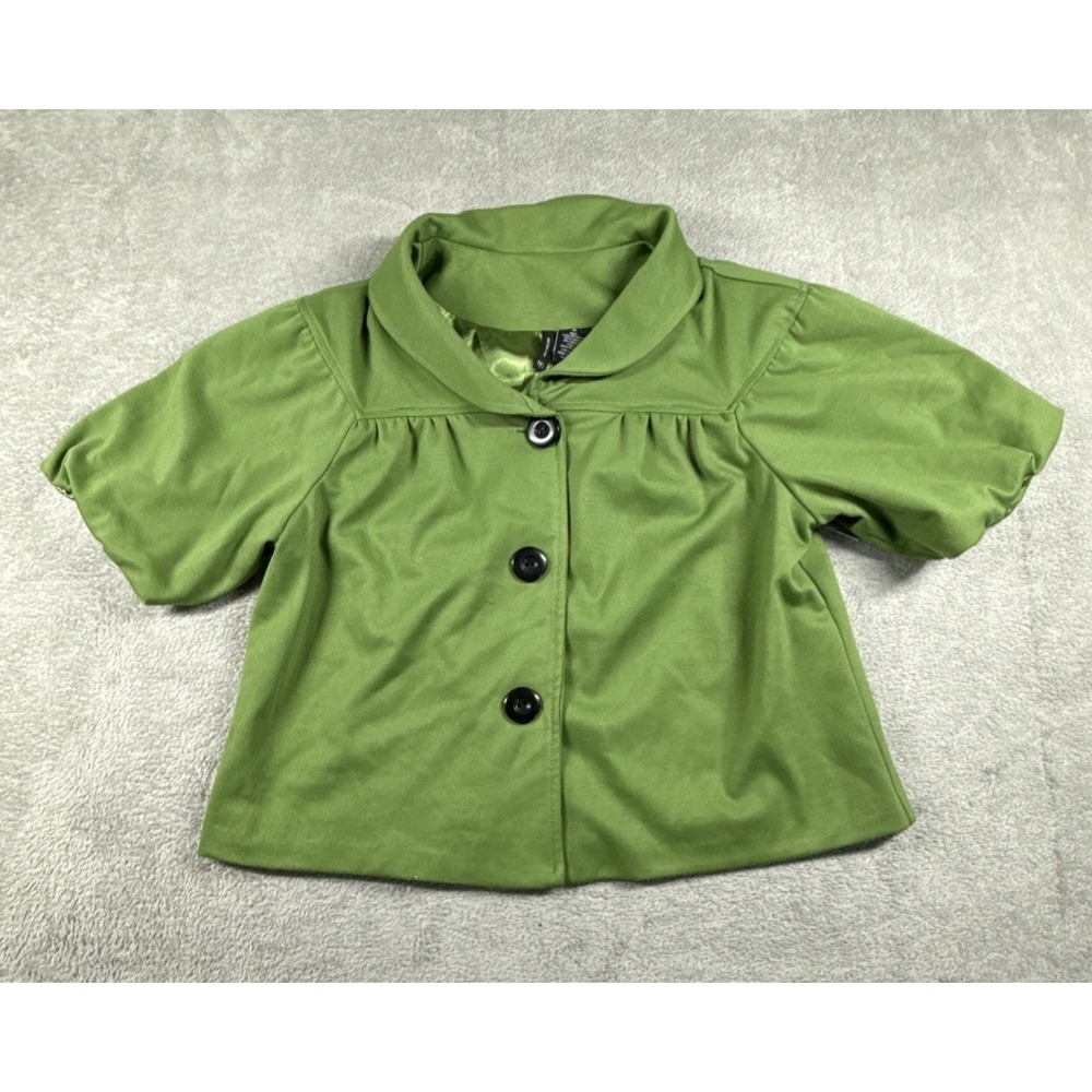New Directions Women's Puff Short Sleeve Button Down Sweater Green Size Medium